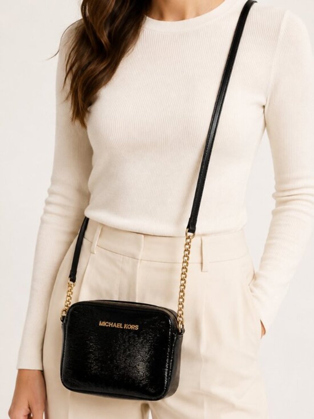 NWOT Michael Kors Jet Set Patent Saffiano Black Leather Gold Crossbody Bag